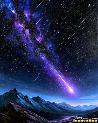 Phases of the moon arranged in an arc across a magenta and turquoise starry sky