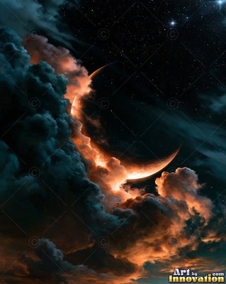 Painted full moon in crimson and silver rising over a dark sea with shimmering reflections