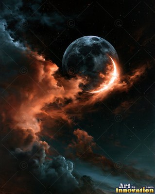 Phases of the moon arranged in an arc across a magenta and turquoise starry sky