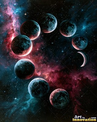 Phases of the moon arranged in an arc across a magenta and turquoise starry sky