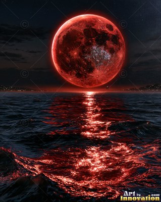 Painted full moon in crimson and silver rising over a dark sea with shimmering reflections