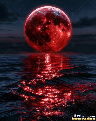 Phases of the moon arranged in an arc across a magenta and turquoise starry sky