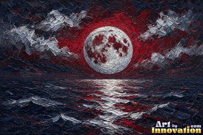 Painted full moon in crimson and silver rising over a dark sea with shimmering reflections