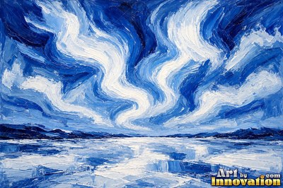 Painted full moon in crimson and silver rising over a dark sea with shimmering reflections