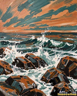 Waves breaking against dark coastal rocks under a deep blue sky