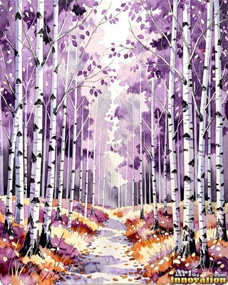 Autumn birch forest path with glowing golden leaves