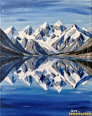 Snowy mountain peaks mirrored in a still alpine lake