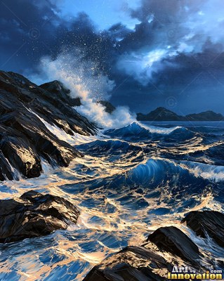 Waves breaking against dark coastal rocks under a deep blue sky