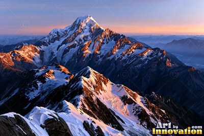 Snowy mountain peaks mirrored in a still alpine lake