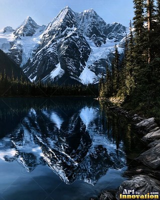 Snowy mountain peaks mirrored in a still alpine lake
