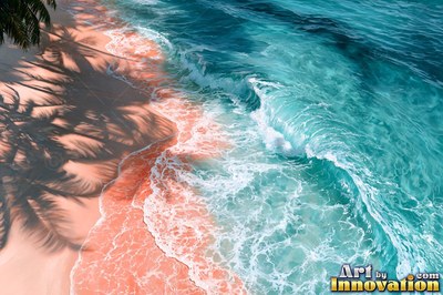 Waves breaking against dark coastal rocks under a deep blue sky