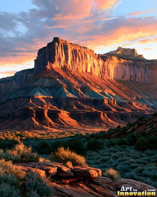 Desert canyon walls glowing at sunset with long shadows