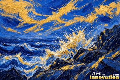 Waves breaking against dark coastal rocks under a deep blue sky
