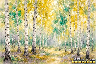 Autumn birch forest path with glowing golden leaves