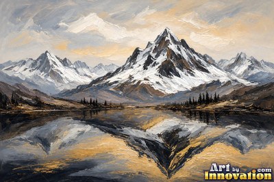 Snowy mountain peaks mirrored in a still alpine lake