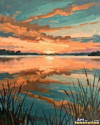 Calm ocean sunset with a long glowing reflection on the water
