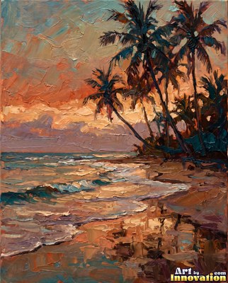 Stormy sea at sunset with scarlet light breaking through dark clouds
