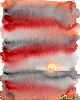 Stormy sea at sunset with scarlet light breaking through dark clouds