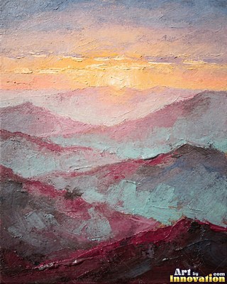 Stormy sea at sunset with scarlet light breaking through dark clouds