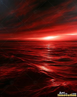 Stormy sea at sunset with scarlet light breaking through dark clouds