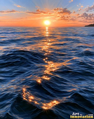 Stormy sea at sunset with scarlet light breaking through dark clouds
