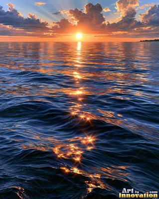Calm ocean sunset with a long glowing reflection on the water