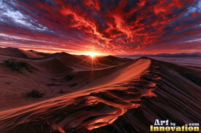 Desert dunes under a blazing sunset sky
