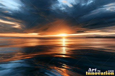 Stormy sea at sunset with scarlet light breaking through dark clouds