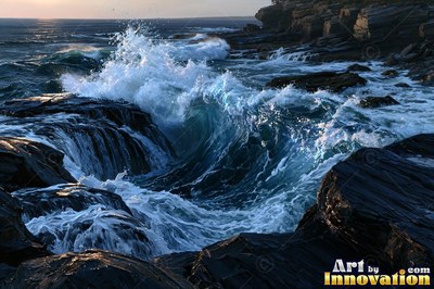 Stormy sea at sunset with scarlet light breaking through dark clouds