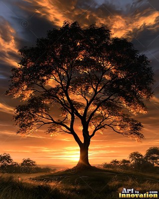 Lone tree silhouetted on a hilltop against a fiery sunset