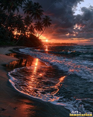 Stormy sea at sunset with scarlet light breaking through dark clouds