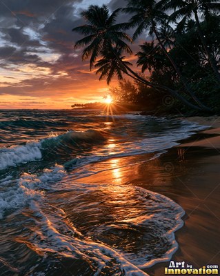 Calm ocean sunset with a long glowing reflection on the water