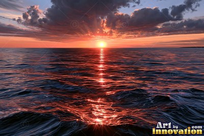 Stormy sea at sunset with scarlet light breaking through dark clouds