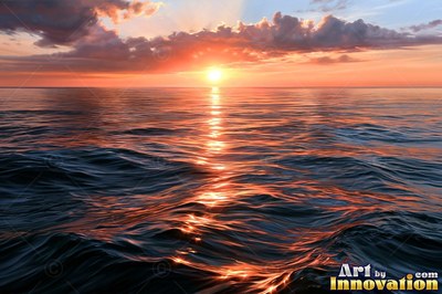 Calm ocean sunset with a long glowing reflection on the water