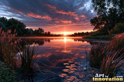 Calm ocean sunset with a long glowing reflection on the water