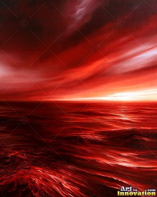 Stormy sea at sunset with scarlet light breaking through dark clouds