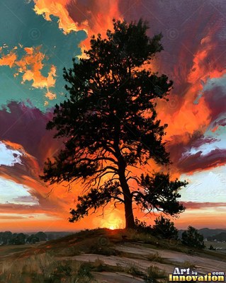 Lone tree silhouetted on a hilltop against a fiery sunset