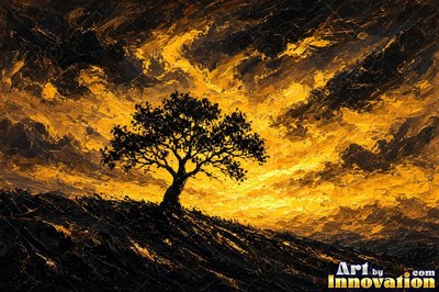 Desert dunes under a blazing sunset sky