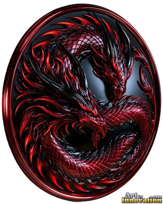 Inside a circular black frame, two red dragons coil around each other