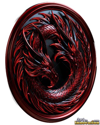 Coiling in a circle, a metallic red dragon snarls inside a dark round medallion