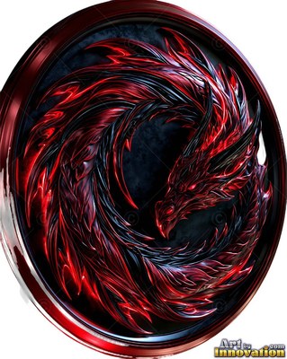 Red and black metal dragon coiled framed by a round medallion