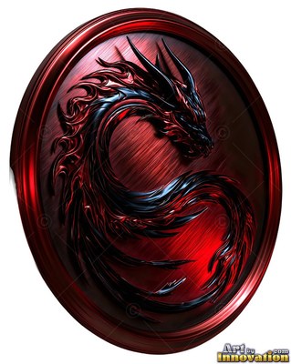 Curved black horns rise from a coiled metallic dragon inside a polished red medallion
