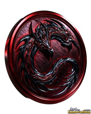 A two-headed polished metal dragon coils in a round red medallion with glossy highlights