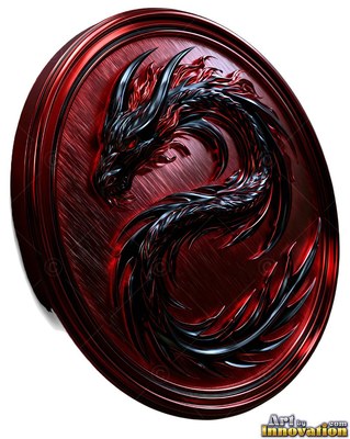 Curled into a curving s inside an angled red medallion, a black metal dragon