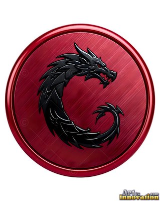A curved black dragon with red eyes rests on a round brushed red metal medallion