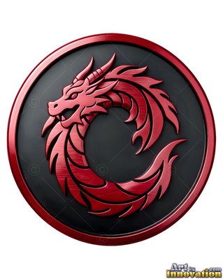 In a round black medallion, a red metal dragon curves into a circle
