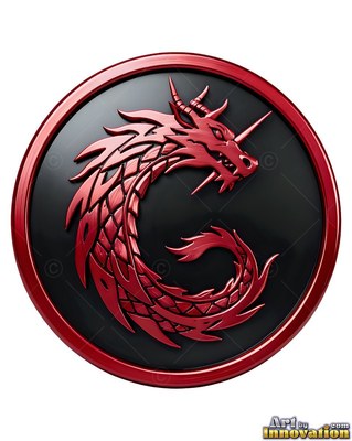 Curling into a circle, a red dragon lies inside a round black badge