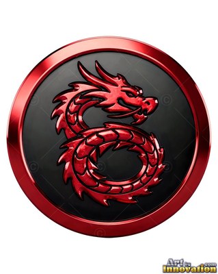 Red metallic dragon coiled on a round black medallion