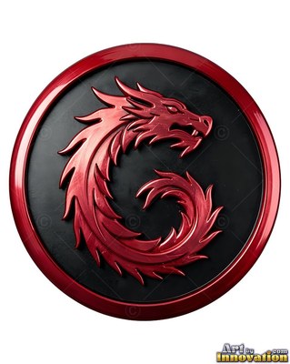 Spiky red crests line a curled metallic dragon set inside a round black medallion
