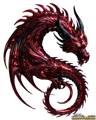 A red metallic dragon coils into a winding s curve with white highlights reflecting off its scales
